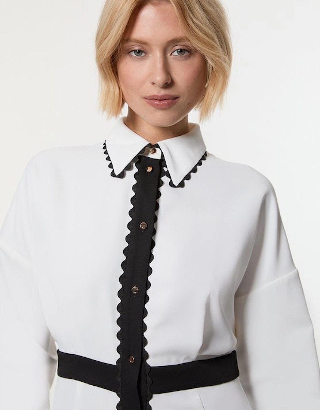 Scallop Trim Twill Woven Shirt Dress