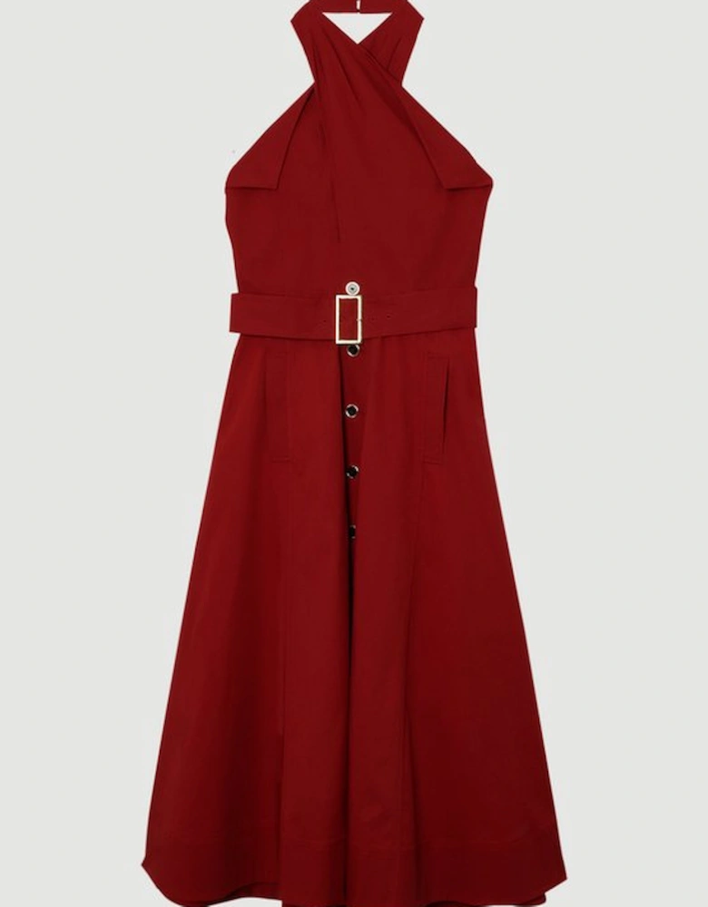 Tailored Polished Cotton Belted Halter Full Skirted Midi Dress
