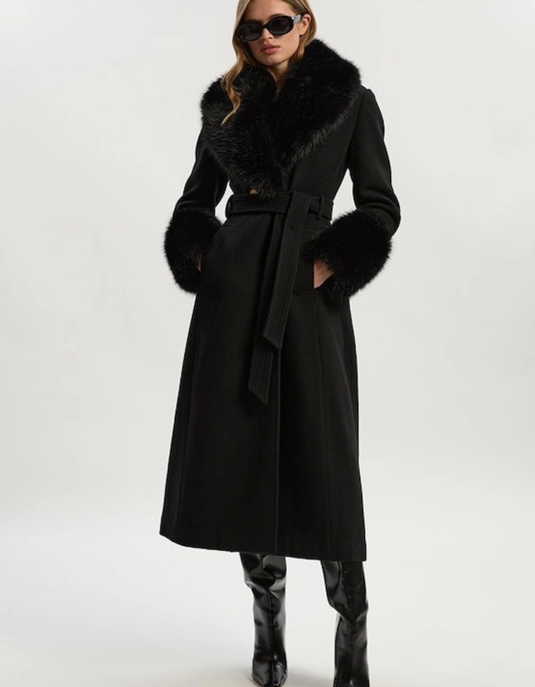 Wool Blend Detachable Faux Fur Belted Midi Coat