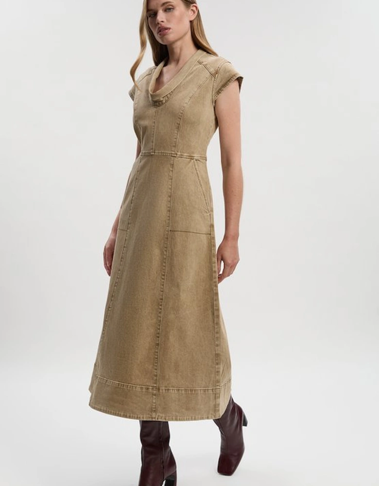 Denim Cowl Neck Midi Dress