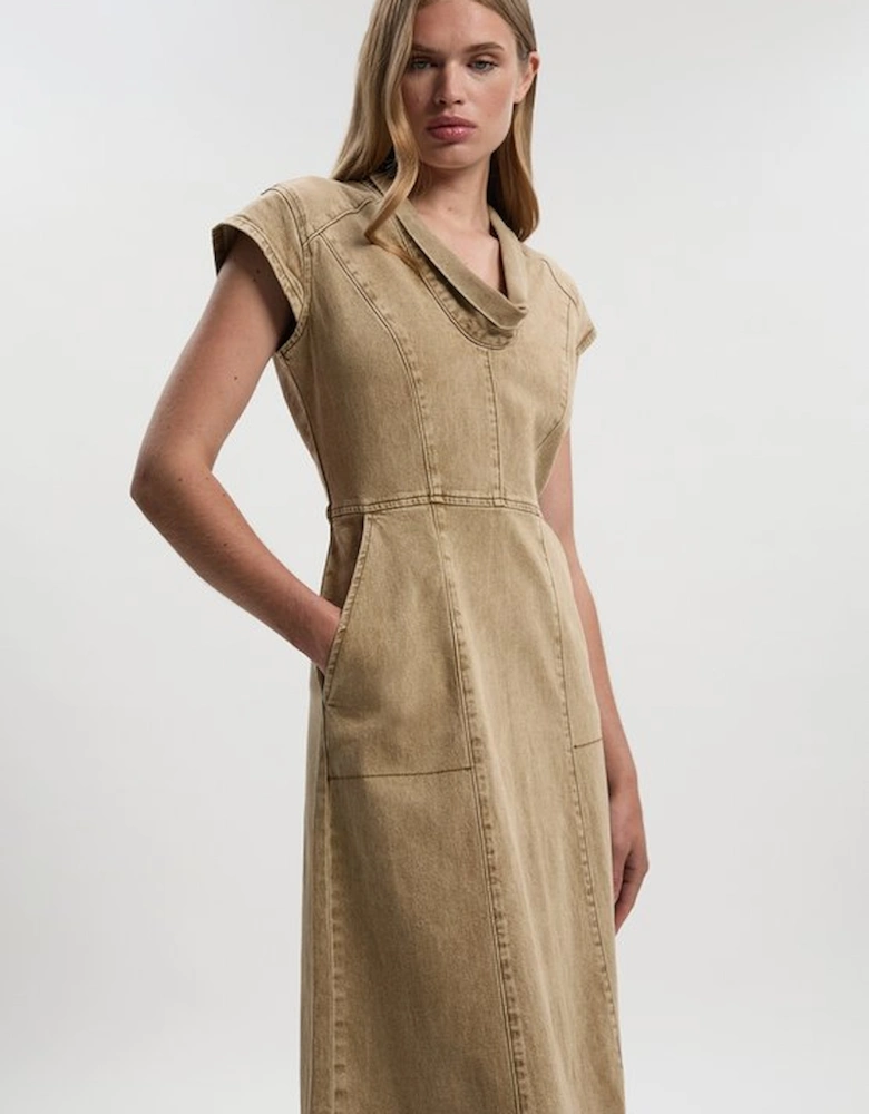 Denim Cowl Neck Midi Dress