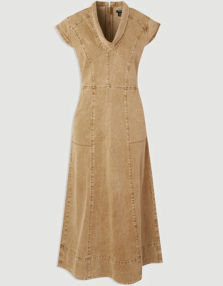Denim Cowl Neck Midi Dress