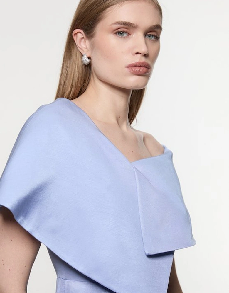Premium Viscose Linen Tailored Asymmetric Shoulder Full Midi Dress