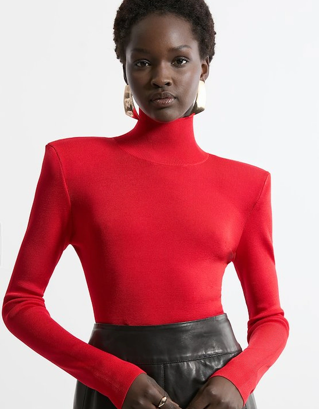 Slinky Drape Knit Power Shoulder Funnel Neck Top, 4 of 3