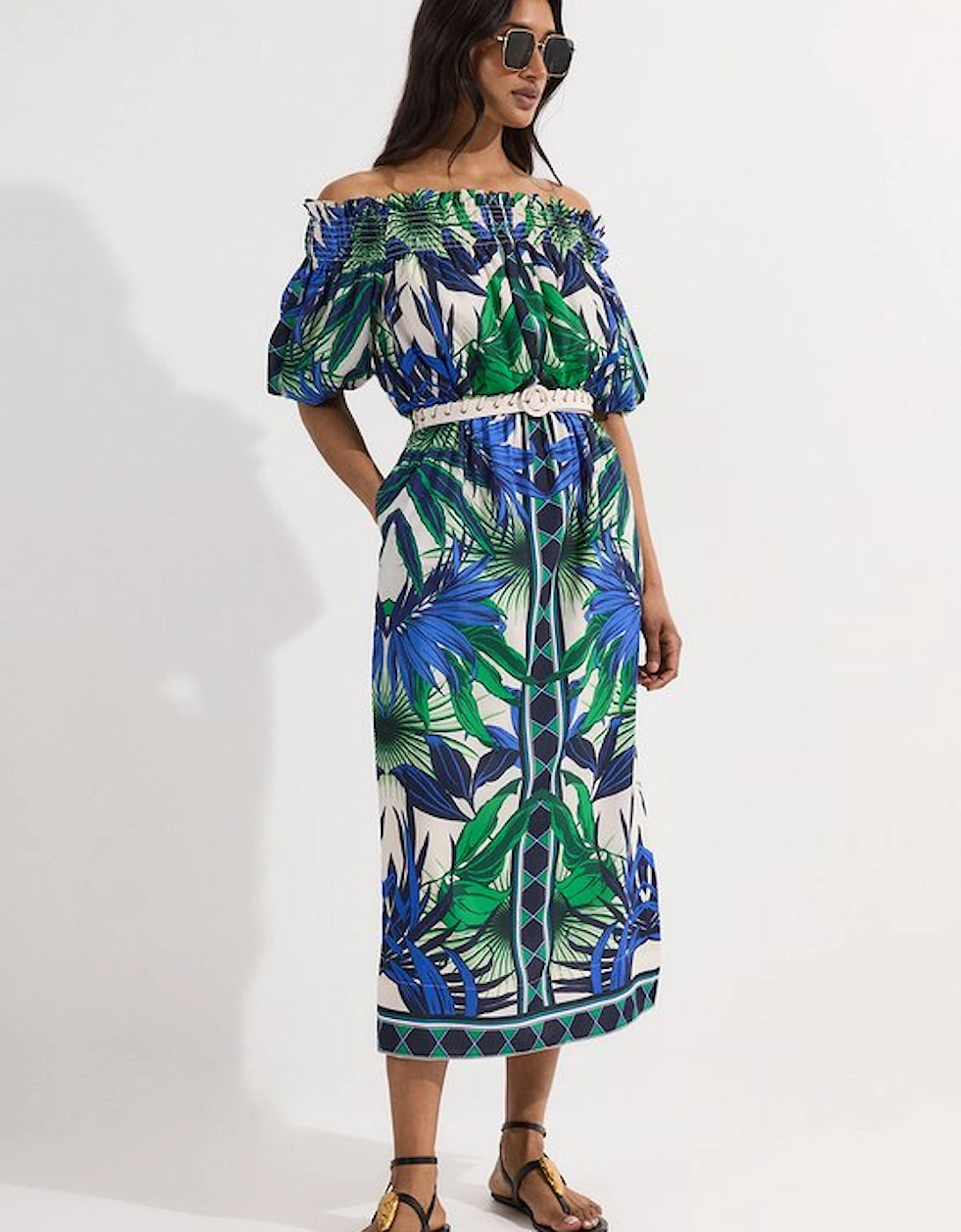 Voile Mirrored Floral Woven Bardot Midi Dress