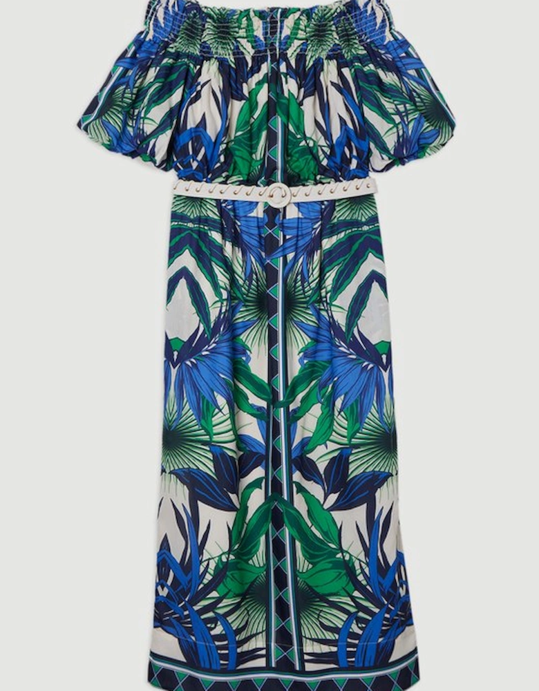 Voile Mirrored Floral Woven Bardot Midi Dress