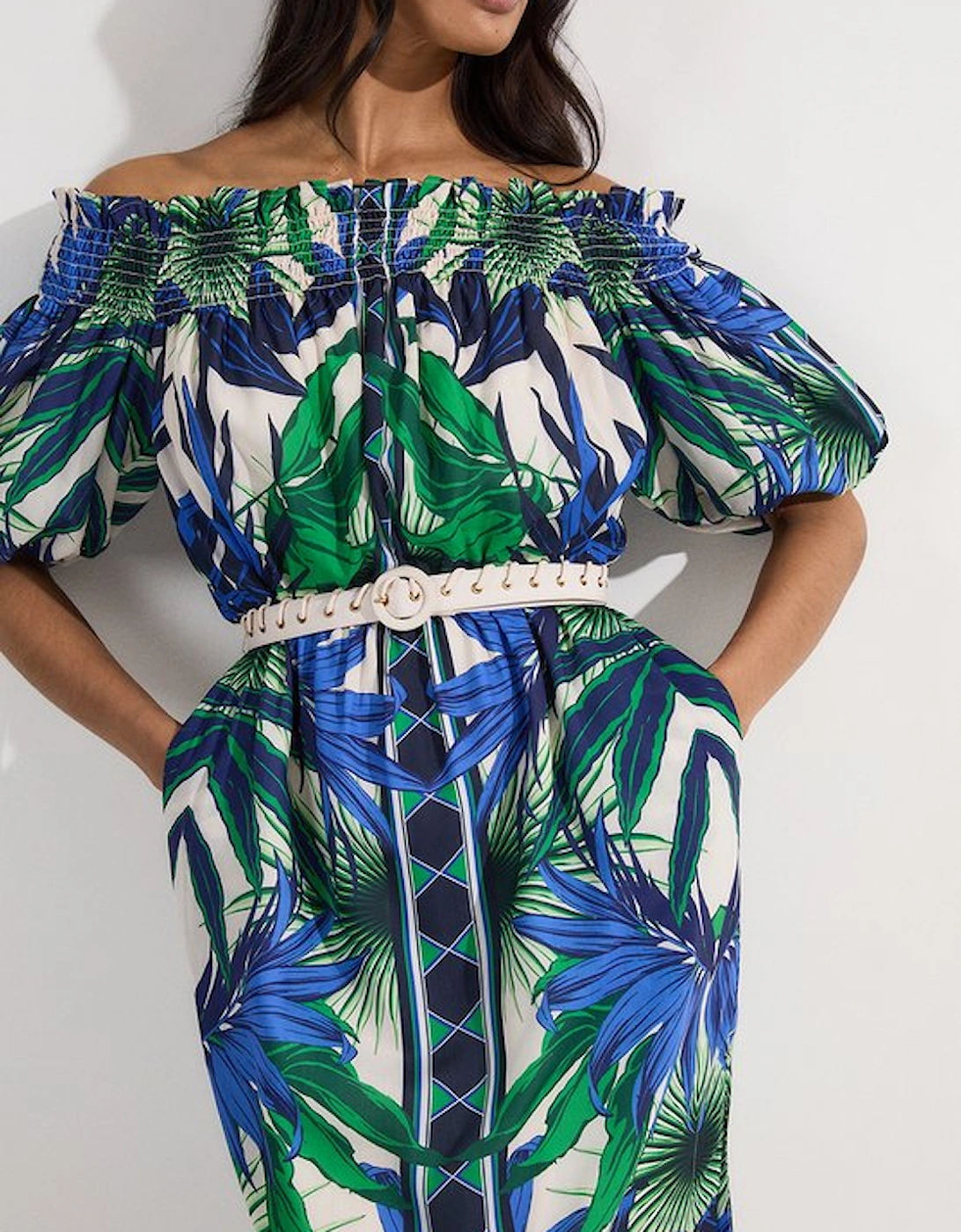 Voile Mirrored Floral Woven Bardot Midi Dress, 5 of 4