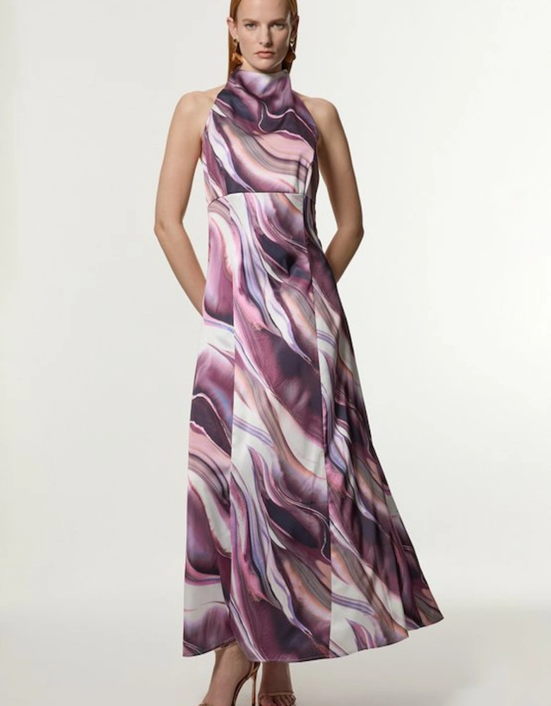 Graduated Stripe Viscose Satin Halter Dress