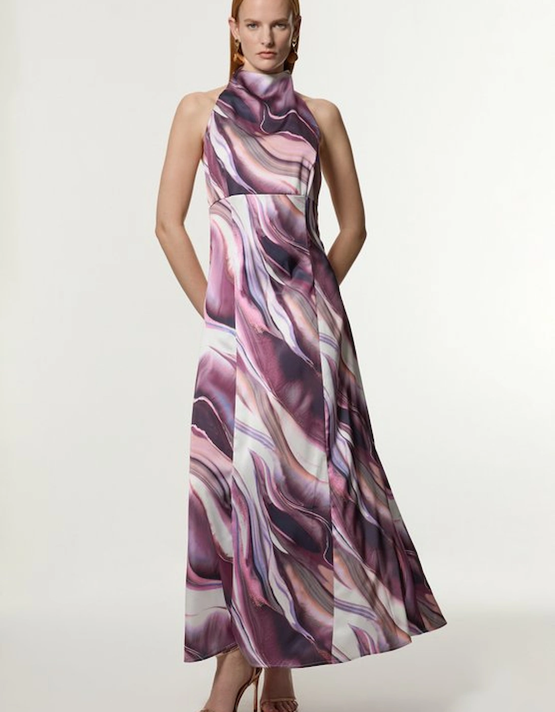 Graduated Stripe Viscose Satin Halter Dress, 5 of 4