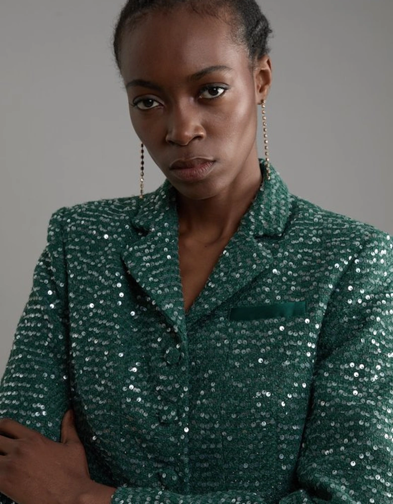 Tailored Sequin Tweed Single Breasted Blazer