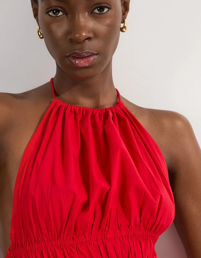 Shirred Cotton Tiered Halter Neck Woven Top