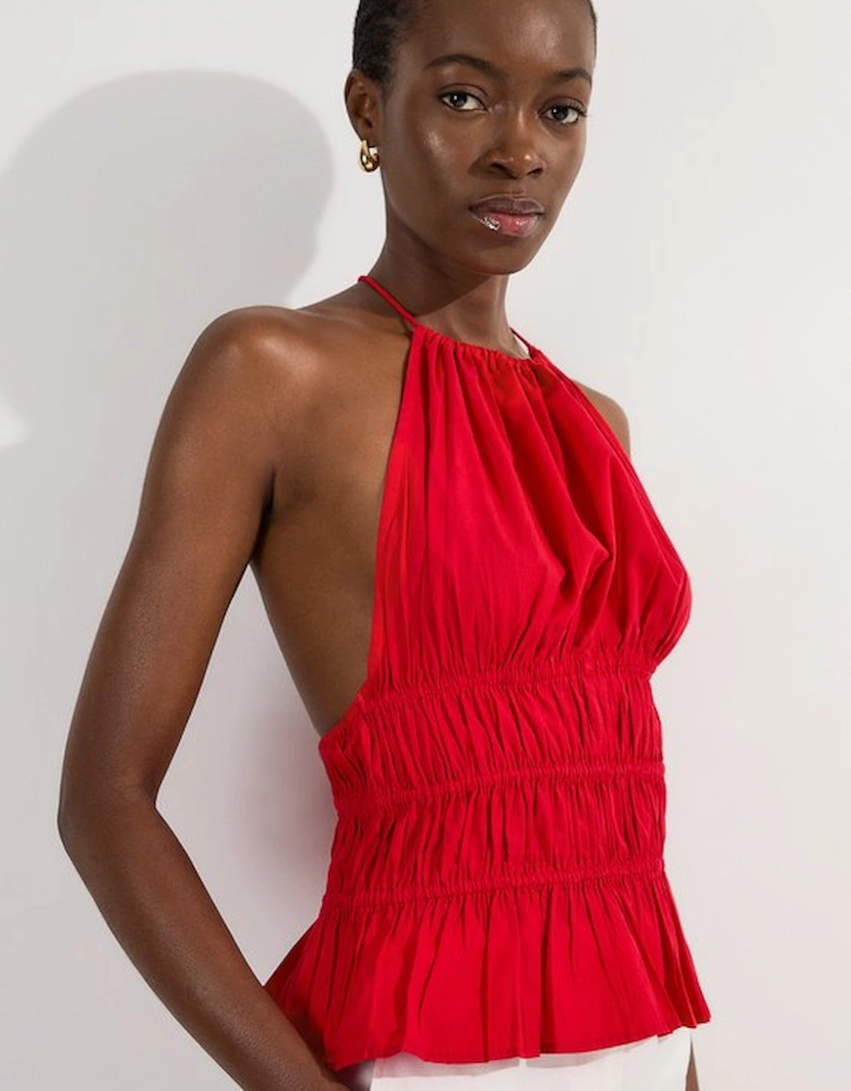 Shirred Cotton Tiered Halter Neck Woven Top