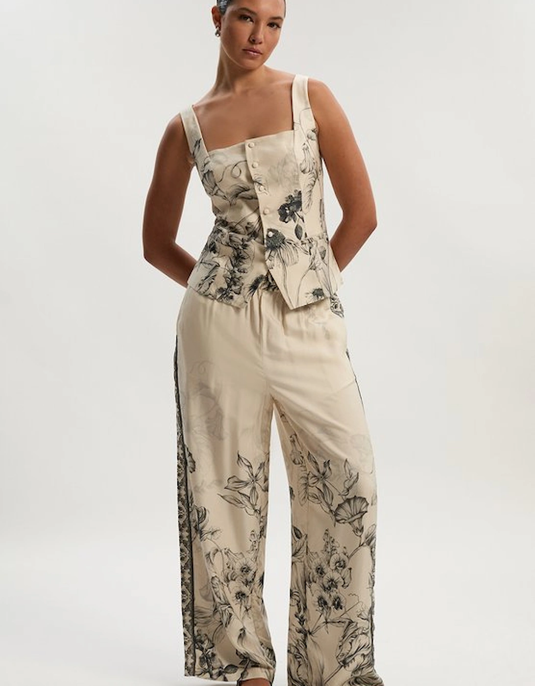 Viscose Linen Scenic Placed Print Woven Wide Leg Trousers
