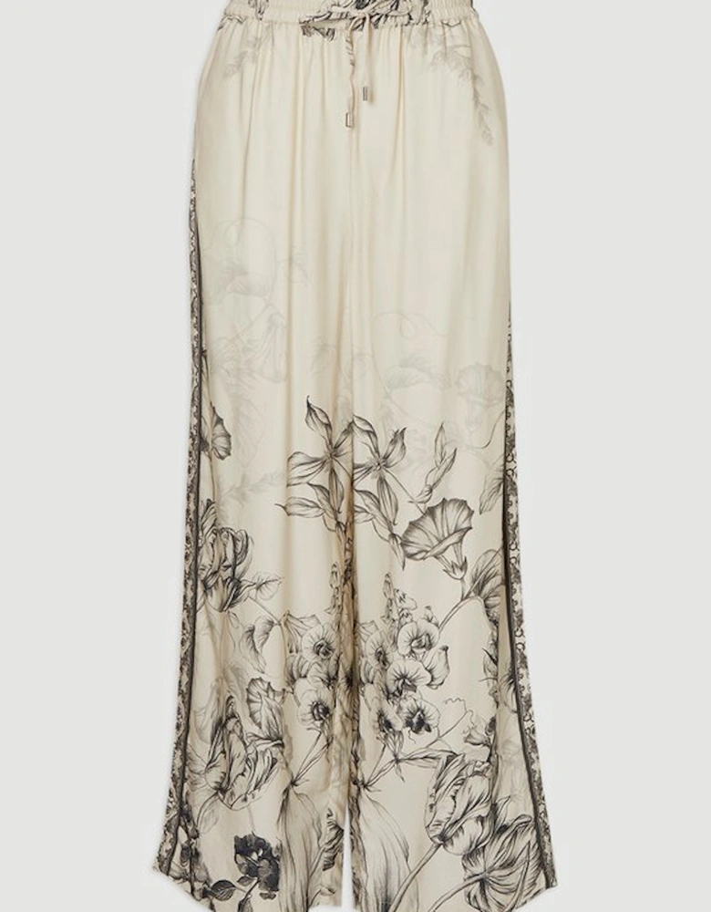Viscose Linen Scenic Placed Print Woven Wide Leg Trousers