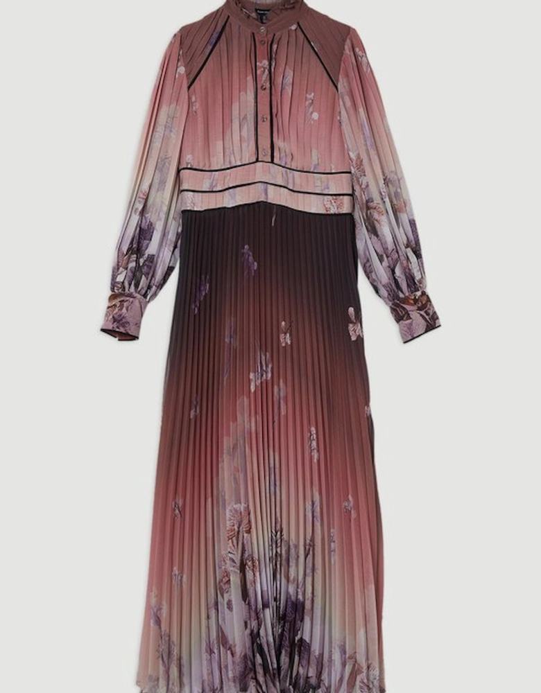 Crinkle Pleat Border Floral Button Front Woven Maxi Dress