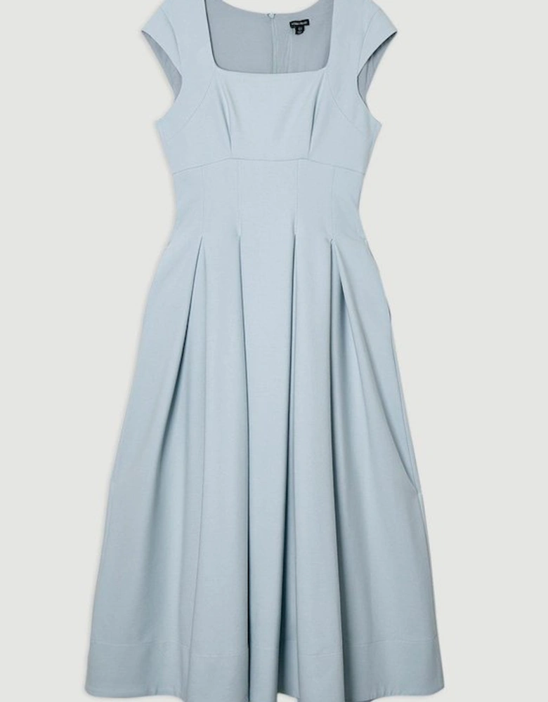 Compact Stretch Tailored Square Neck Full Skirted Midi Dress