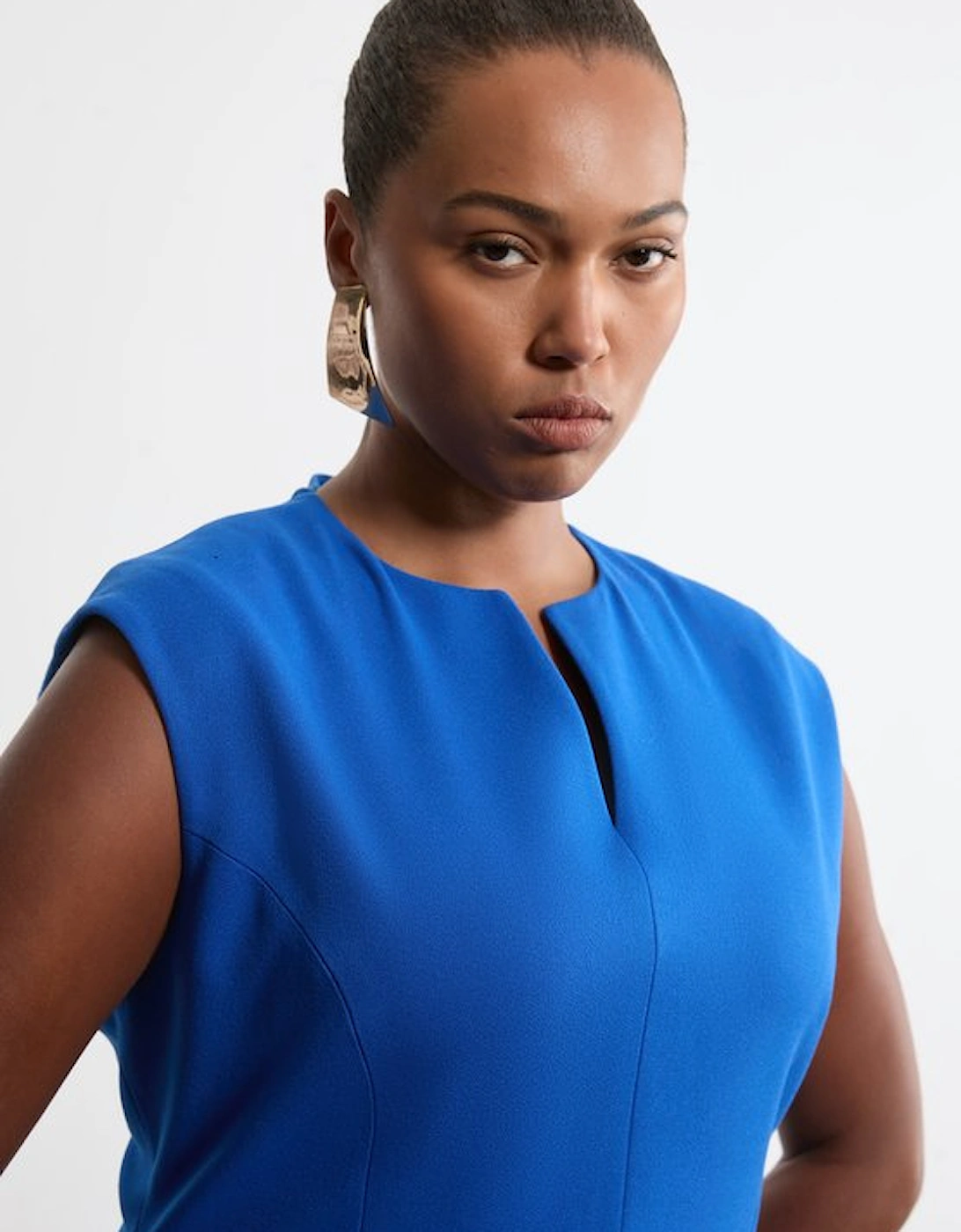Plus Size Structured Crepe Tailored Full Skirted Belted Midi Dress
