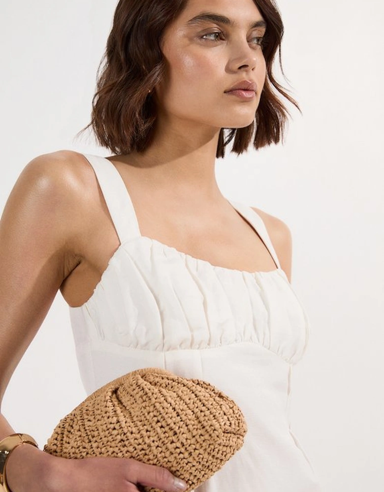 Viscose Linen Ruched Detail Strappy Woven Midi Dress