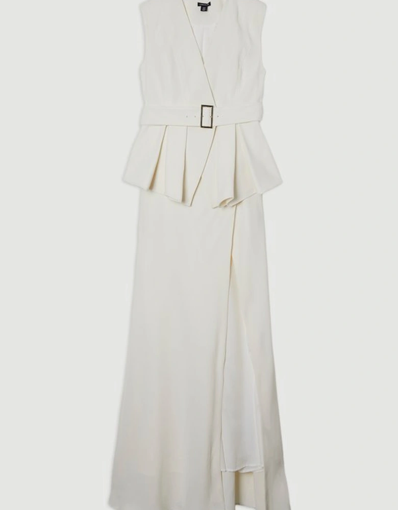 Soft Tailored Belted Peplum Tailored Maxi Dress