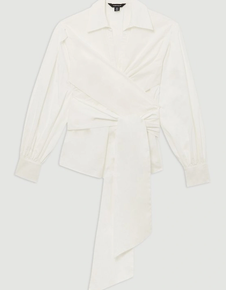 Plus Size Cotton Poplin Drama Sleeve Woven Wrap Detail Blouse