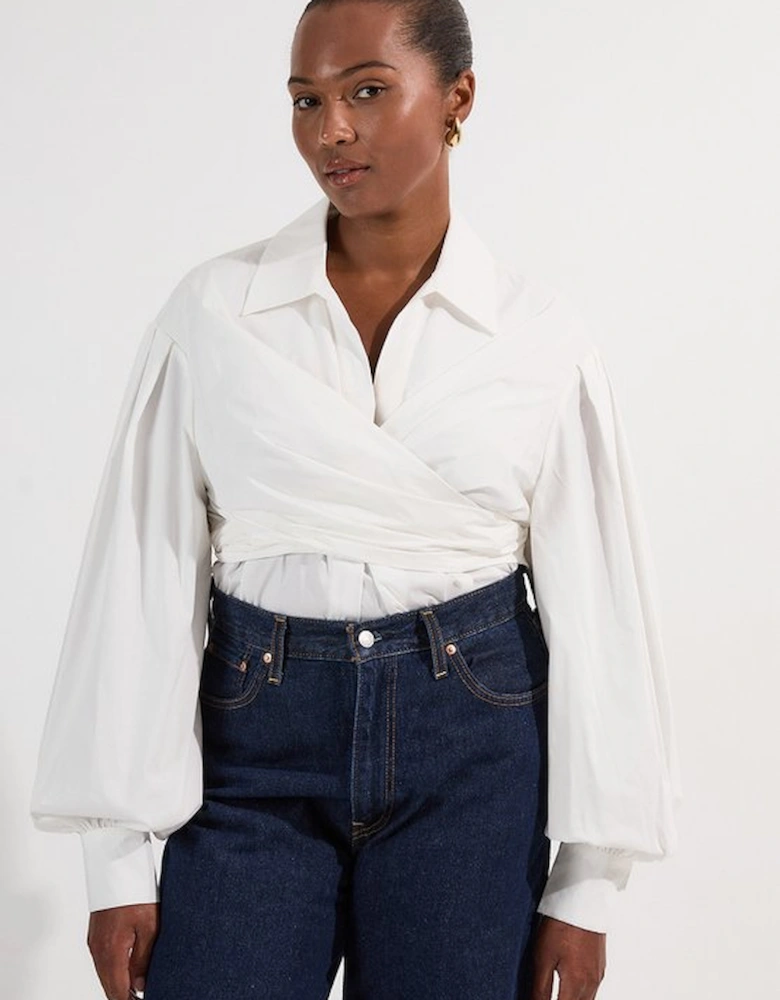 Plus Size Cotton Poplin Drama Sleeve Woven Wrap Detail Blouse