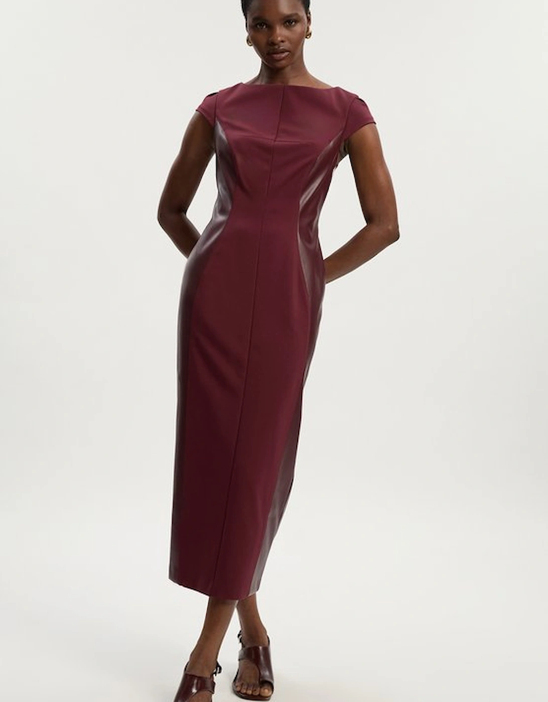 Ponte And Pu Mix Short Sleeve Tailored Pencil Midi Dress, 5 of 4
