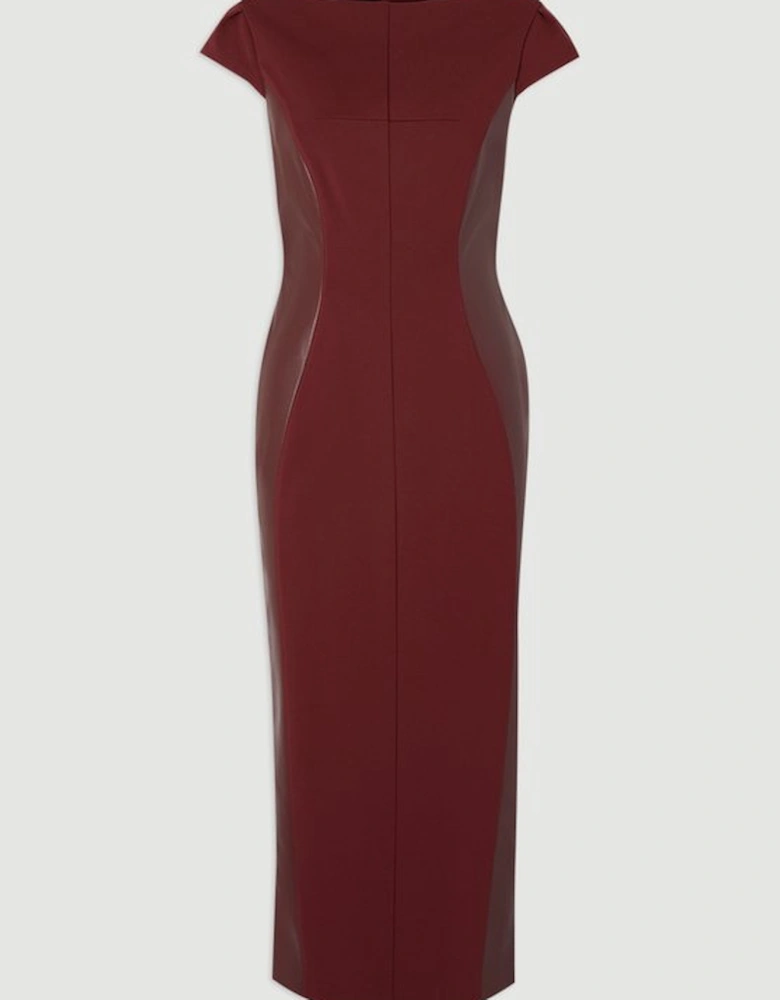Ponte And Pu Mix Short Sleeve Tailored Pencil Midi Dress
