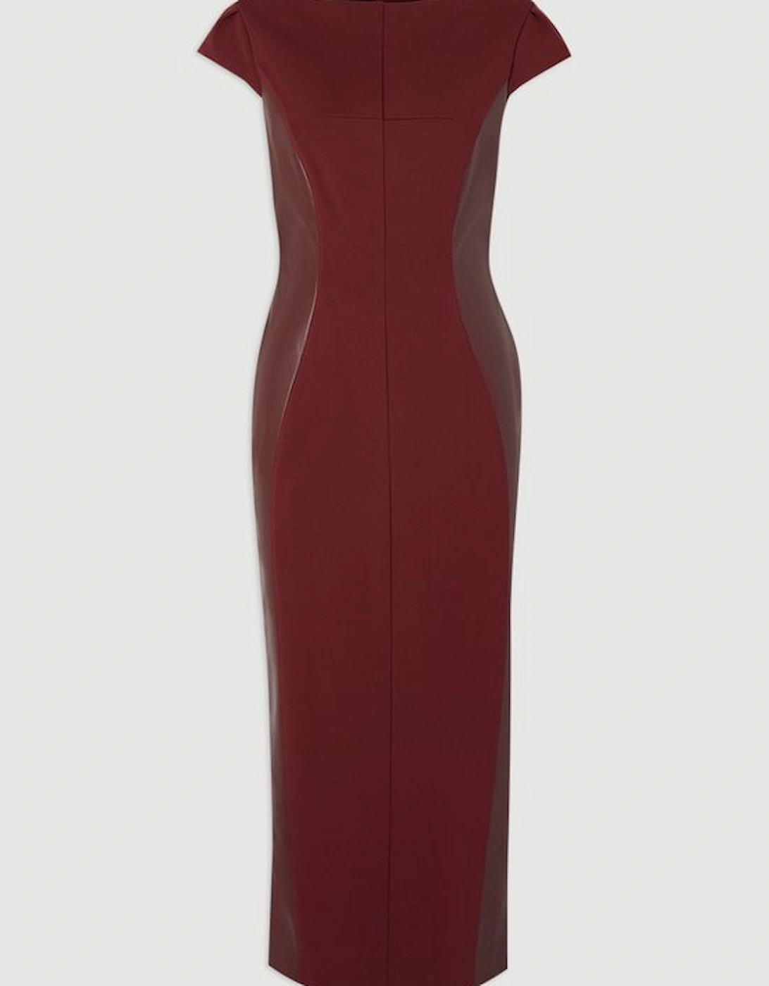Ponte And Pu Mix Short Sleeve Tailored Pencil Midi Dress