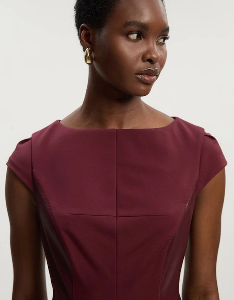 Ponte And Pu Mix Short Sleeve Tailored Pencil Midi Dress