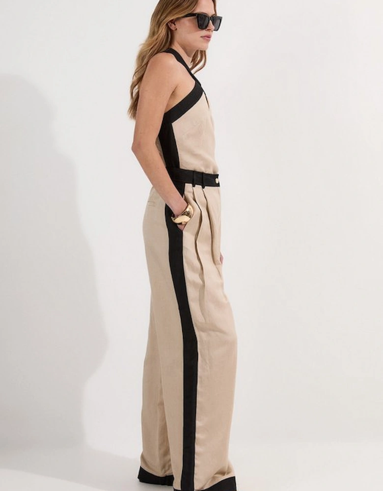 Petite Linen Viscose Colour Block Woven Trouser