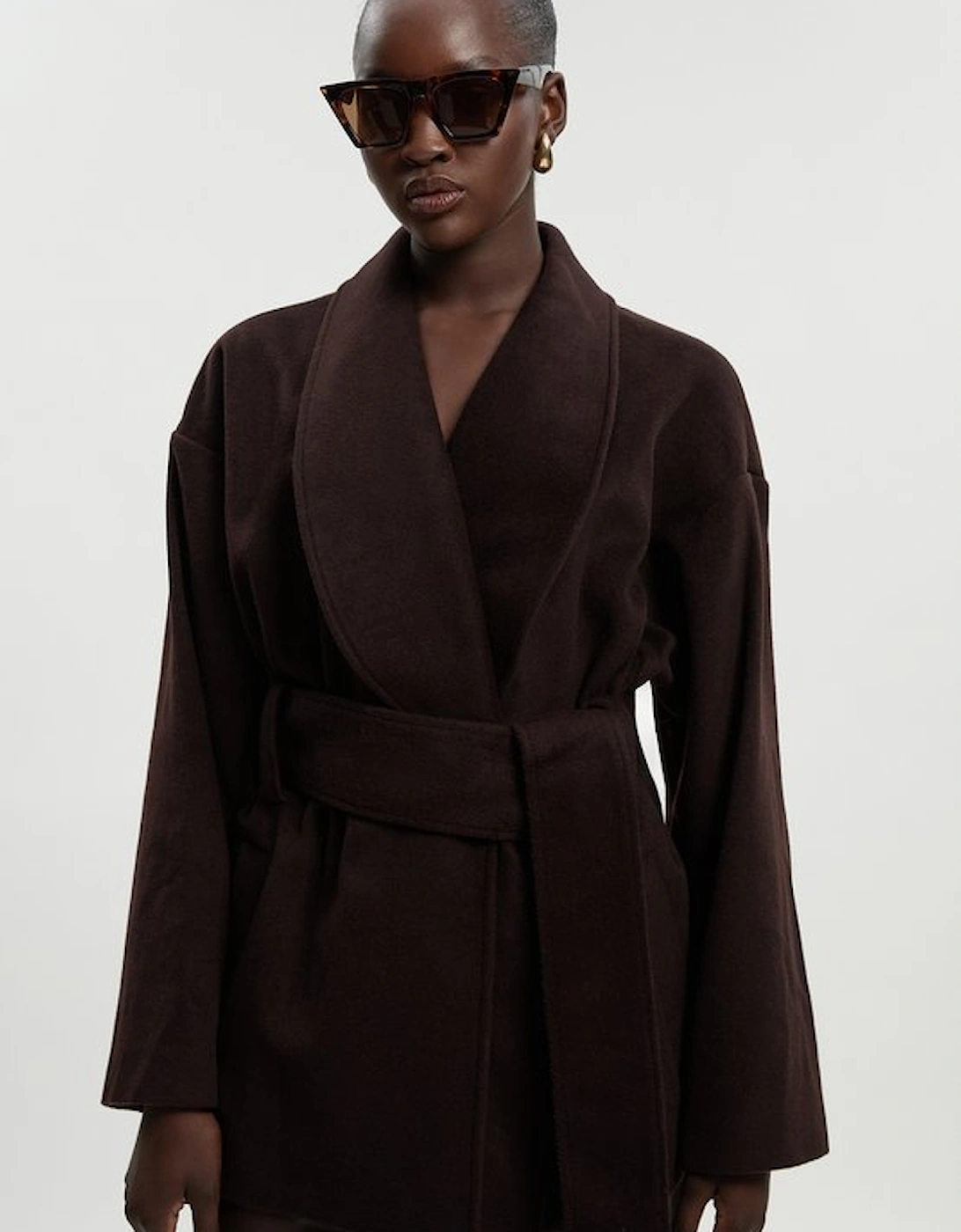 Brushed Wool Belted Wrap Tailored Short Coat