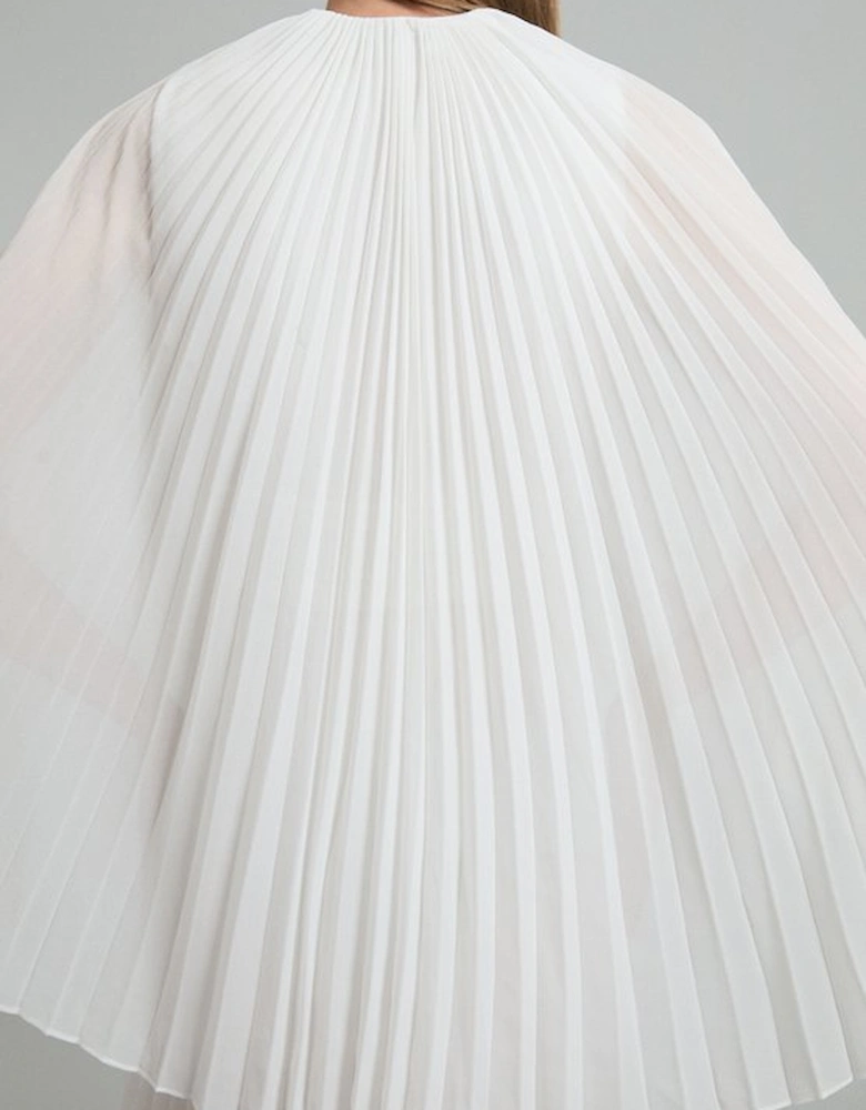 Pleated Cape Sleeve Plunge Neck Maxi Dress