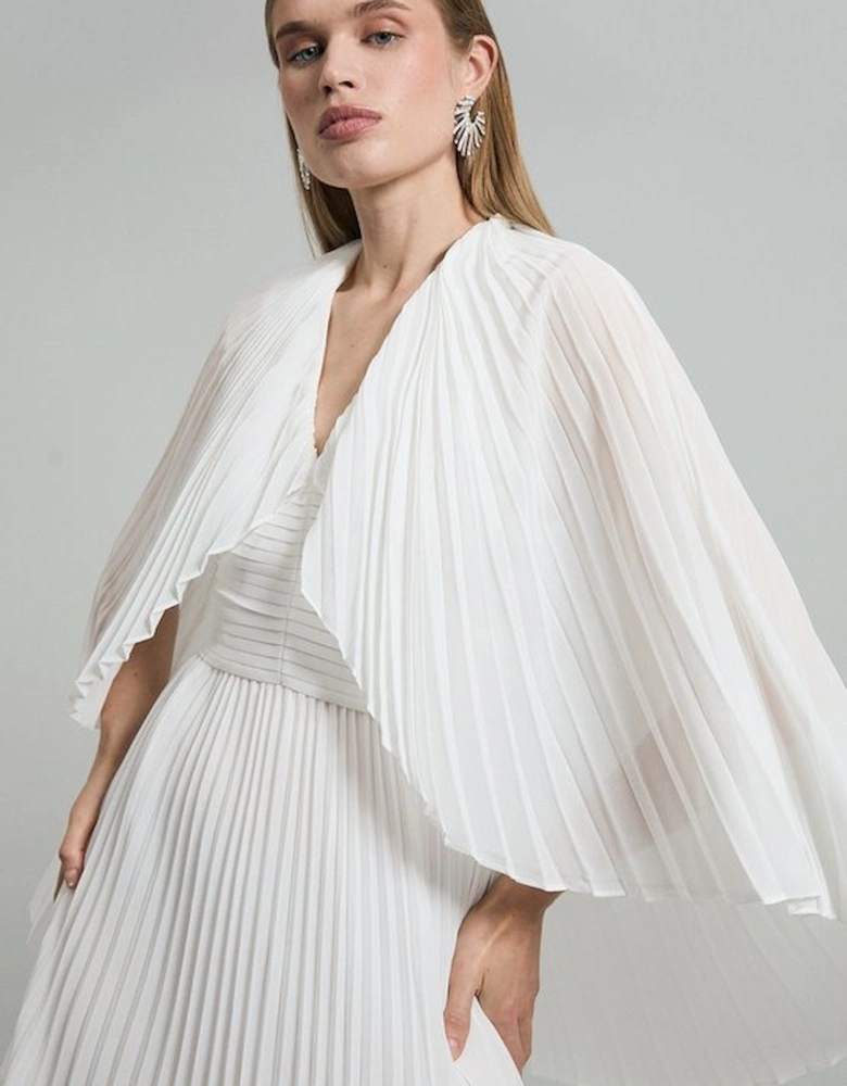 Pleated Cape Sleeve Plunge Neck Maxi Dress