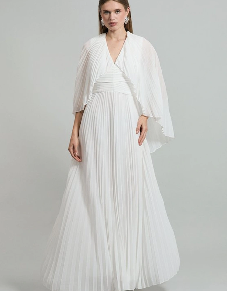 Pleated Cape Sleeve Plunge Neck Maxi Dress