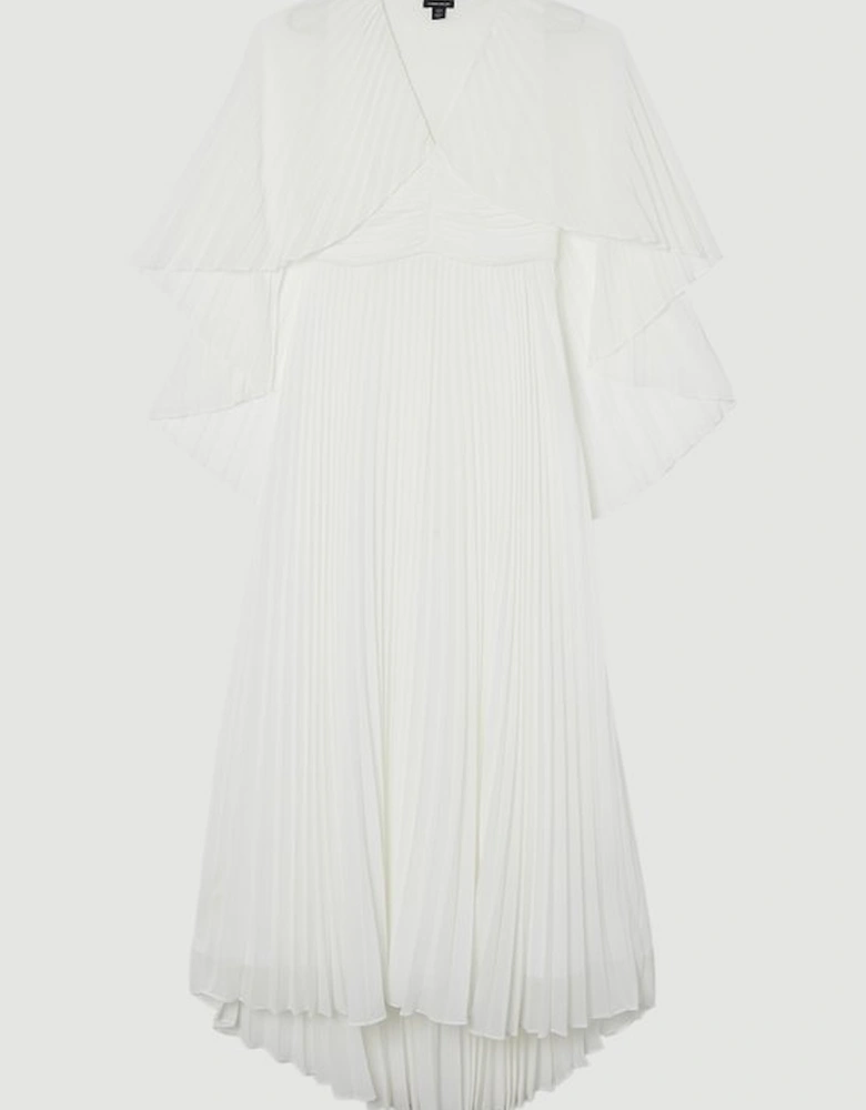 Pleated Cape Sleeve Plunge Neck Maxi Dress