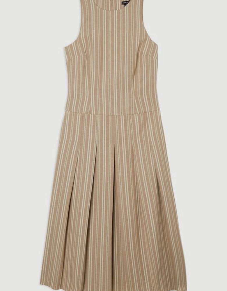 Tailored Stripe Linen  Sleeveless Full Skirt Midi Dress