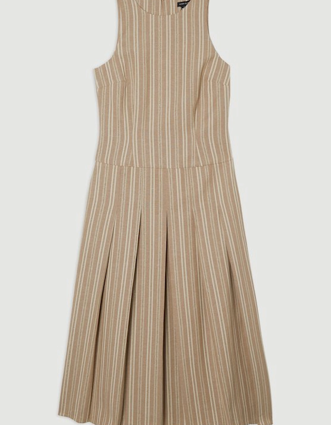 Tailored Stripe Linen  Sleeveless Full Skirt Midi Dress