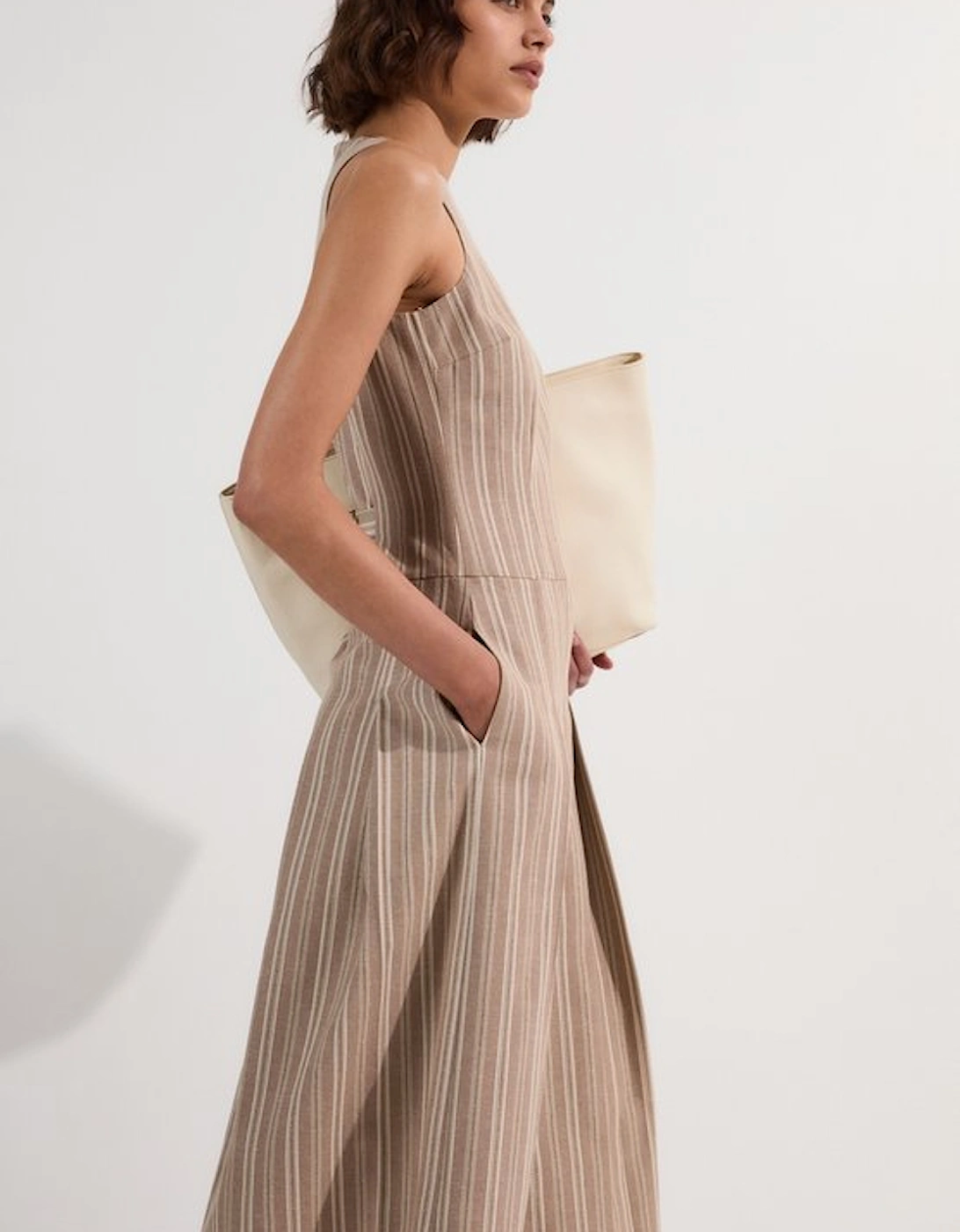 Tailored Stripe Linen  Sleeveless Full Skirt Midi Dress, 5 of 4