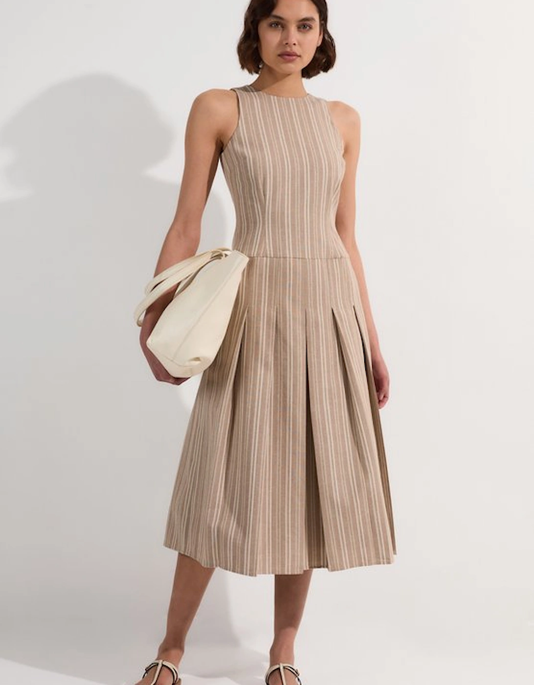 Tailored Stripe Linen  Sleeveless Full Skirt Midi Dress