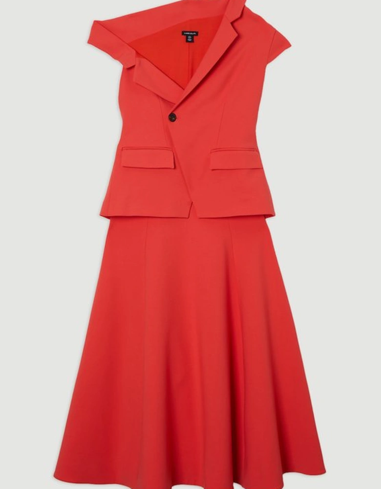Compact Stretch Asymmetric Collar Belted Full Skirted Tailored Midi Dress