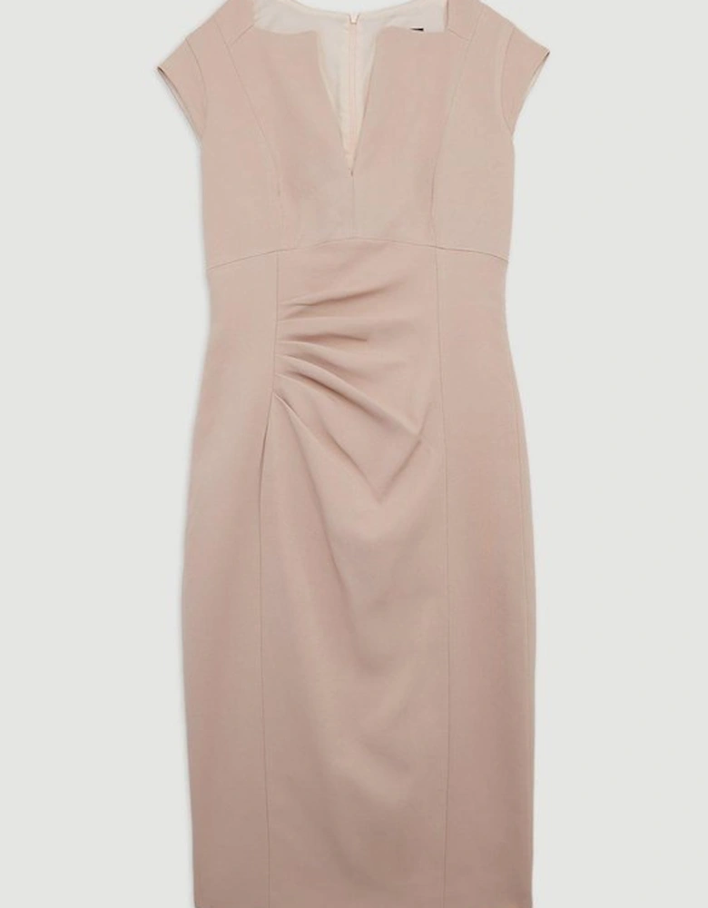 Italian Structured Rib Tailored Envelope Neck Pencil Midi Dress