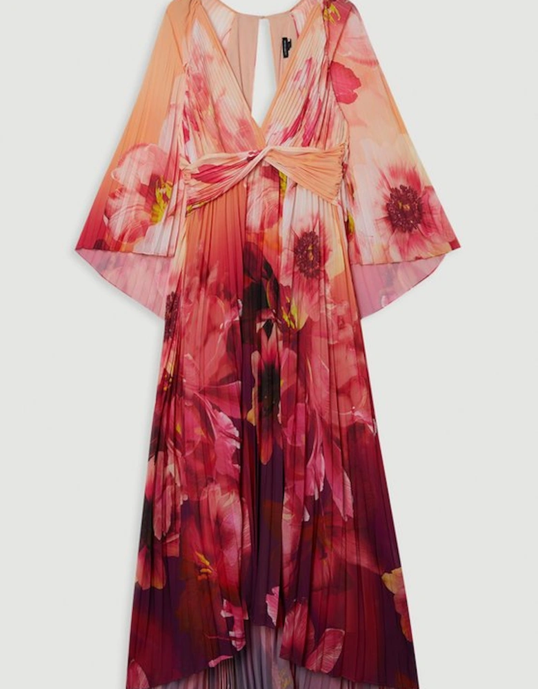 Ombre Floral Soft Pleated Woven Maxi With Cape Detail