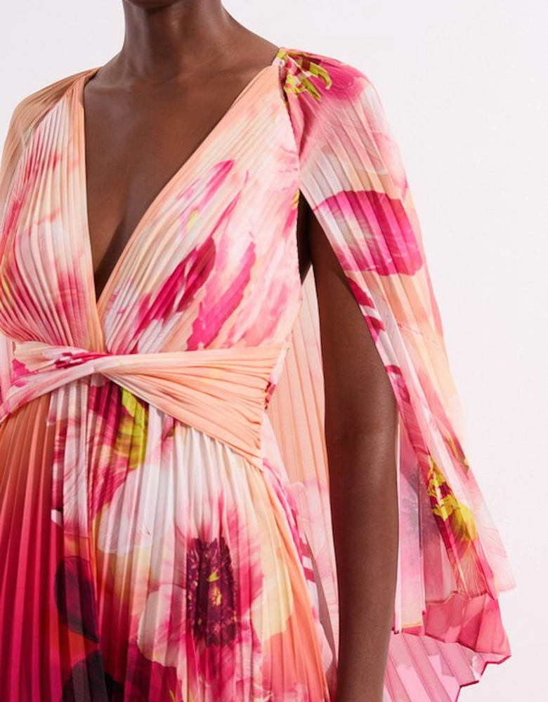 Ombre Floral Soft Pleated Woven Maxi With Cape Detail
