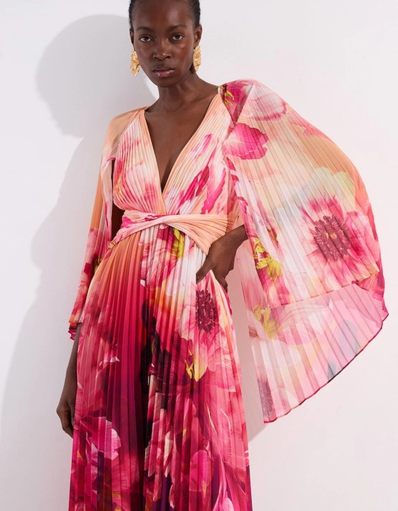 Ombre Floral Soft Pleated Woven Maxi With Cape Detail