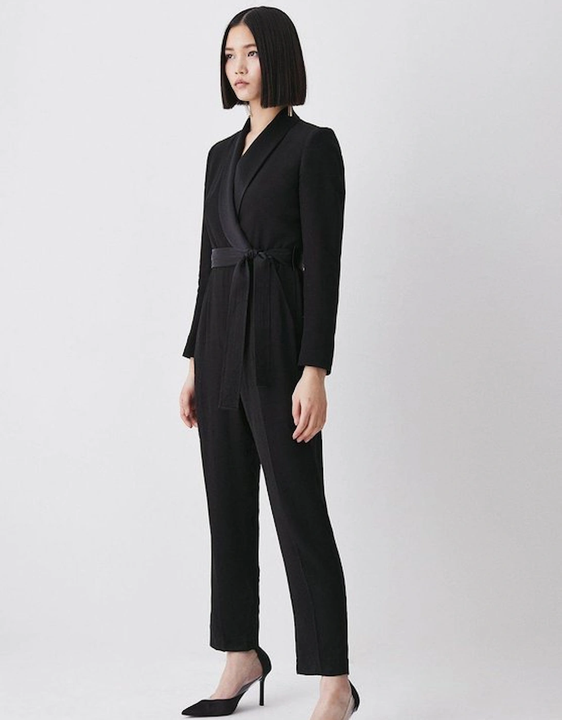 Tailored Tuxedo Belted Wrap Jumpsuit