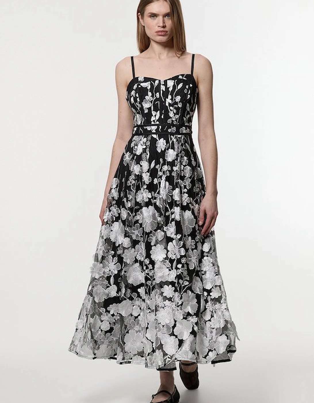 Floral Applique Corset Detail Woven Midi Dress, 5 of 4