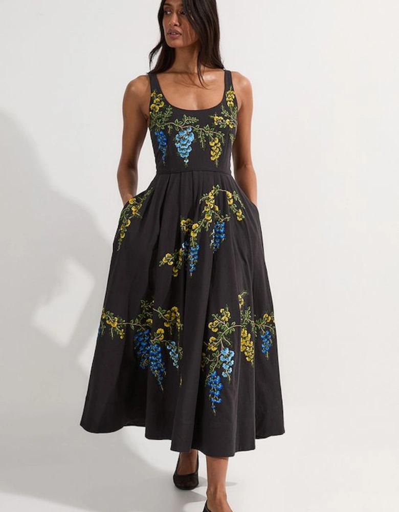 Floral Embroidered Cotton Linen Woven Prom Dress