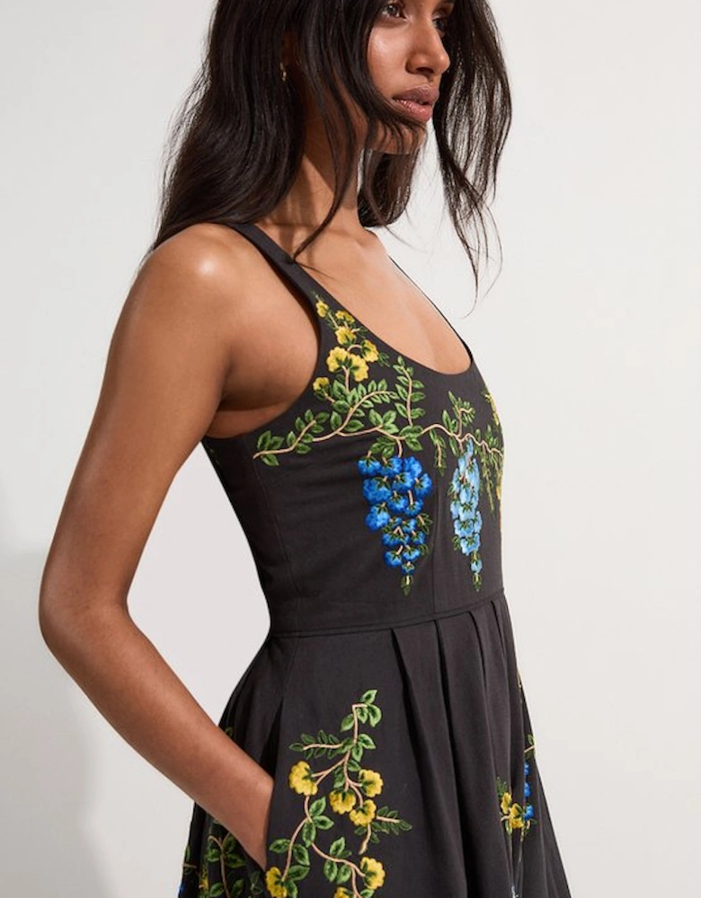 Floral Embroidered Cotton Linen Woven Prom Dress