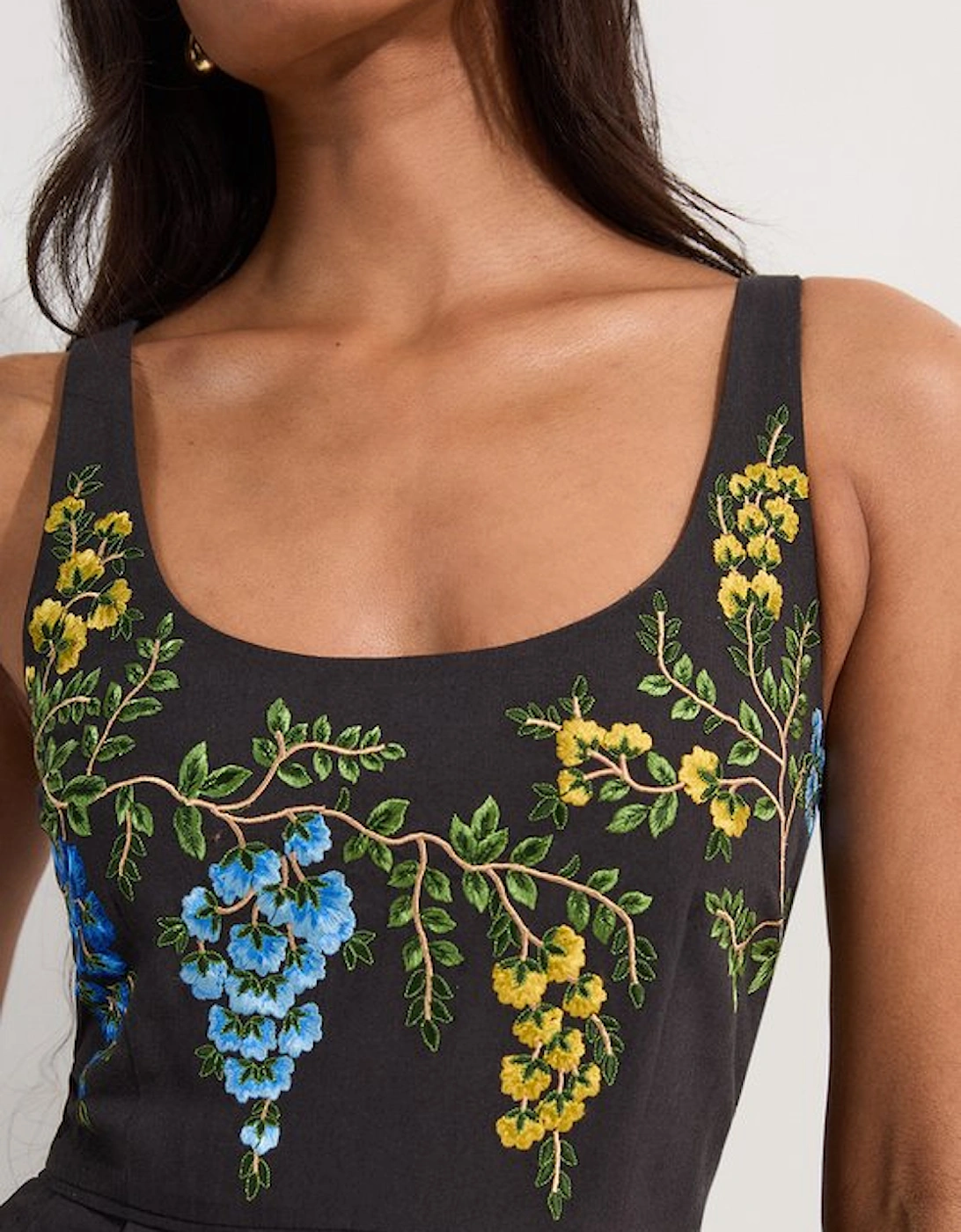 Floral Embroidered Cotton Linen Woven Prom Dress