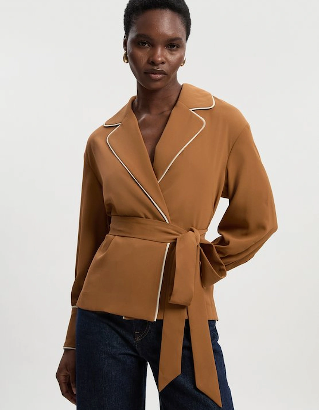Contrast Tipping Tie Waist Woven Trench Jacket, 5 of 4
